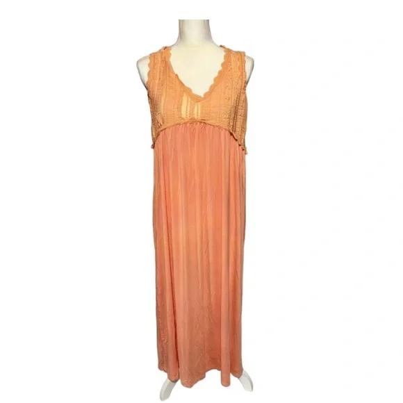POL•V-Neck Sleeveless Cut Sew KnitLace Trim Solid Dress•Peach Coral - Picture 4 of 6